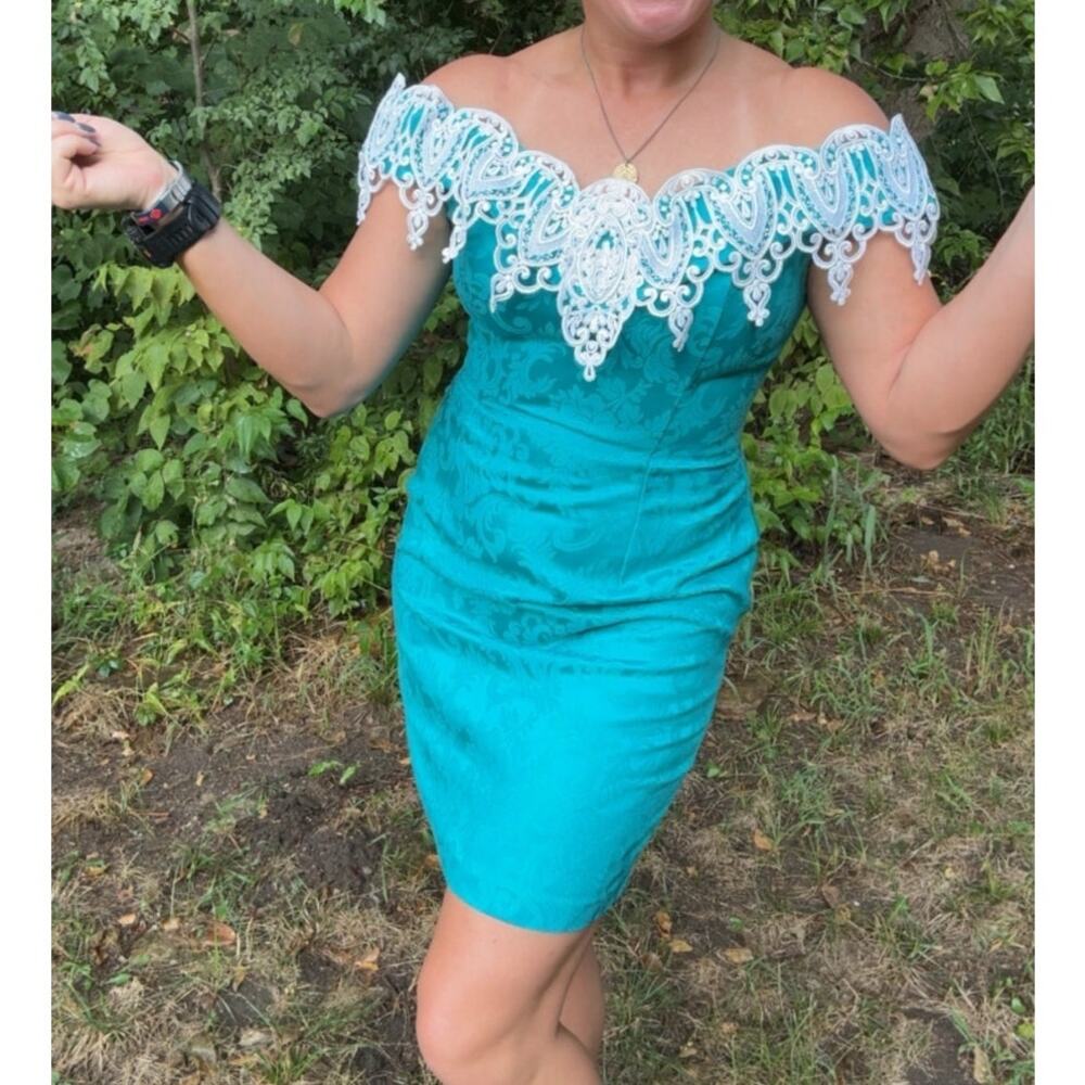 VTG Scott McClintock Gunne Sax TURQUOISE BLUE Cocktail dress Off Shoulder 11/12